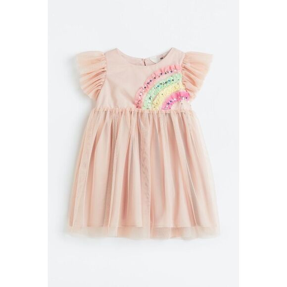H&M Appliquéd Tulle Dress In Powder pink/rainbow - Picture 3 of 12
